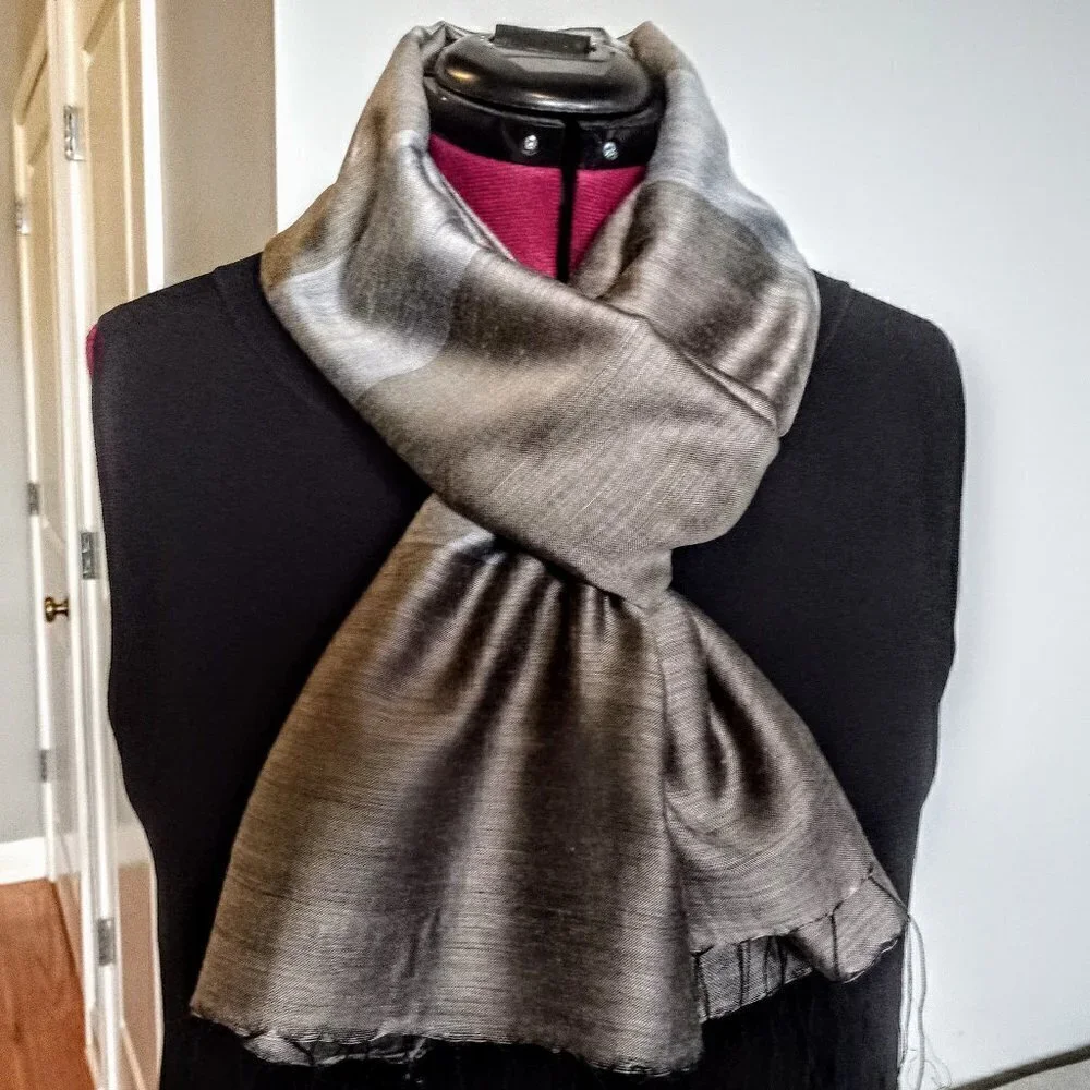 Blue Taupe Striped Oblong Fringed Scarf Wrap